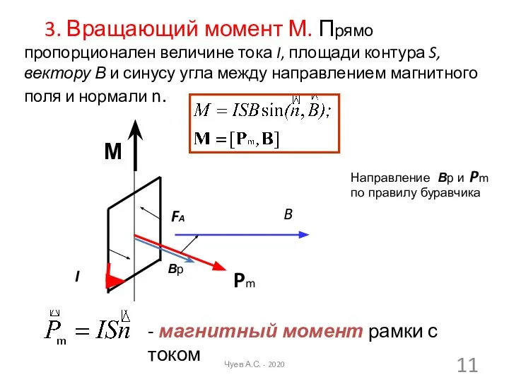 3. Вращающий момент М. Прямо пропорционален величине тока I, площади контура S,