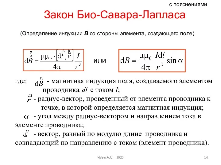 где: - магнитная индукция поля, создаваемого элементом проводника с током I; -