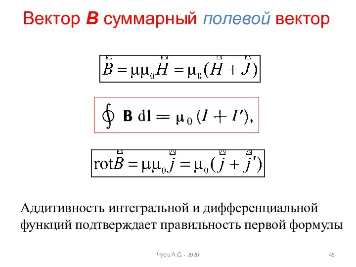 Вектор В суммарный полевой вектор Аддитивность интегральной и дифференциальной функций подтверждает правильность