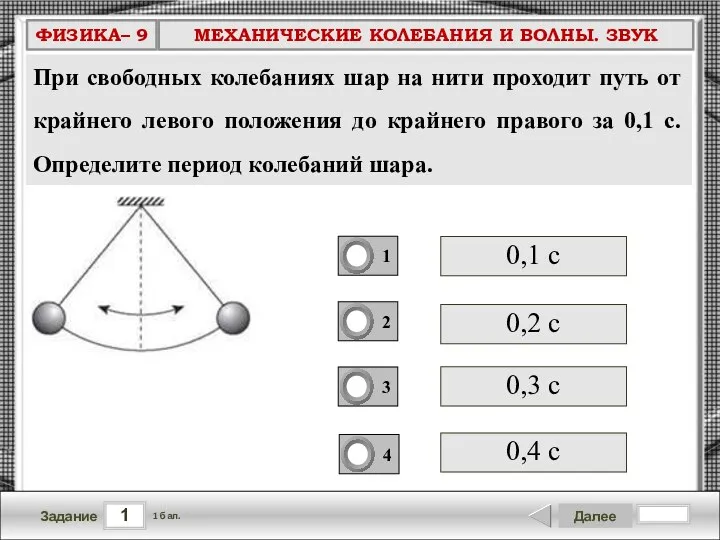 1 Задание Далее 1 бал. При свободных колебаниях шар на нити проходит