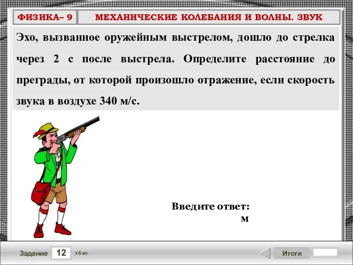 12 Задание Итоги 3 бал. Введите ответ: м Эхо, вызванное оружейным выстрелом,