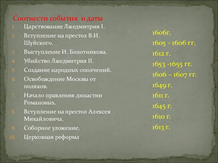 Соотнести события и даты Царствование Лжедмитрия I. Вступление на престол В.И.Шуйского. Выступление