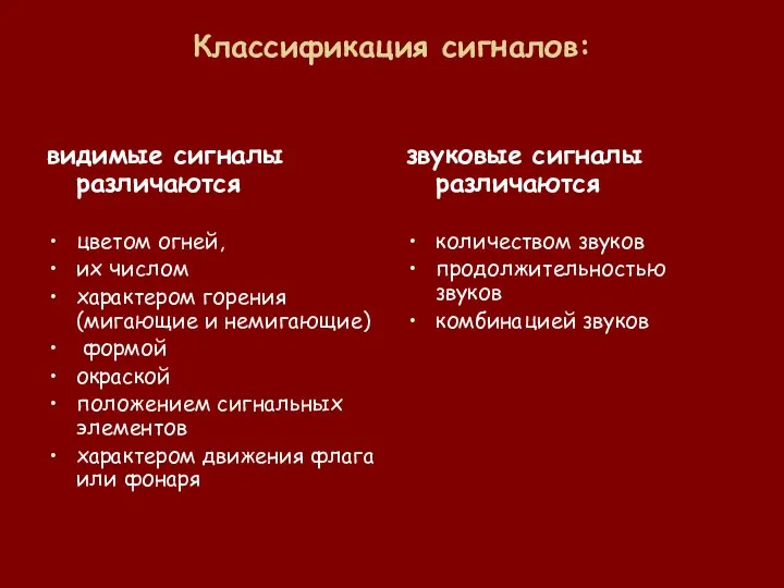 Классификация сигналов: видимые сигналы различаются цветом огней, их числом характером горения (мигающие