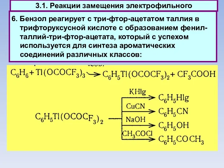 6. Бензол реагирует с три-фтор-ацетатом таллия в трифторуксусной кислоте с образованием фенил-таллий-три-фтор-ацетата,