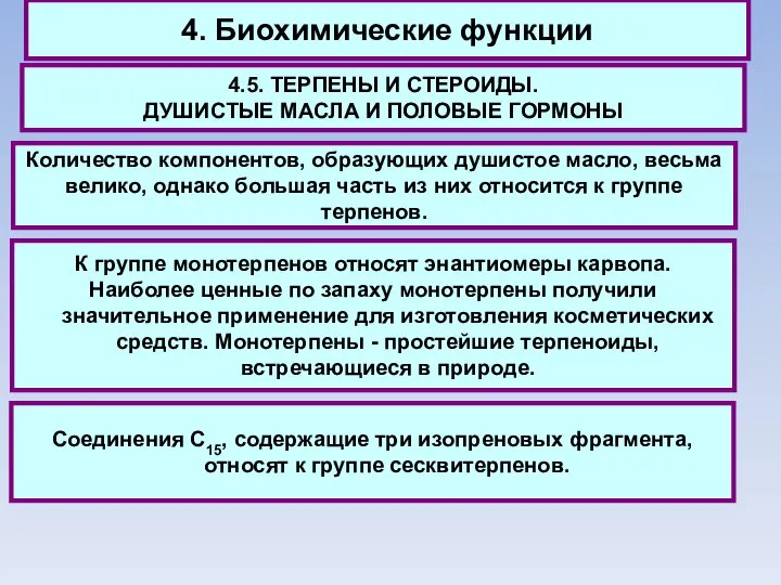 4. Биохимические функции 4.5. ТЕРПЕНЫ И СТЕРОИДЫ. ДУШИСТЫЕ МАСЛА И ПОЛОВЫЕ ГОРМОНЫ