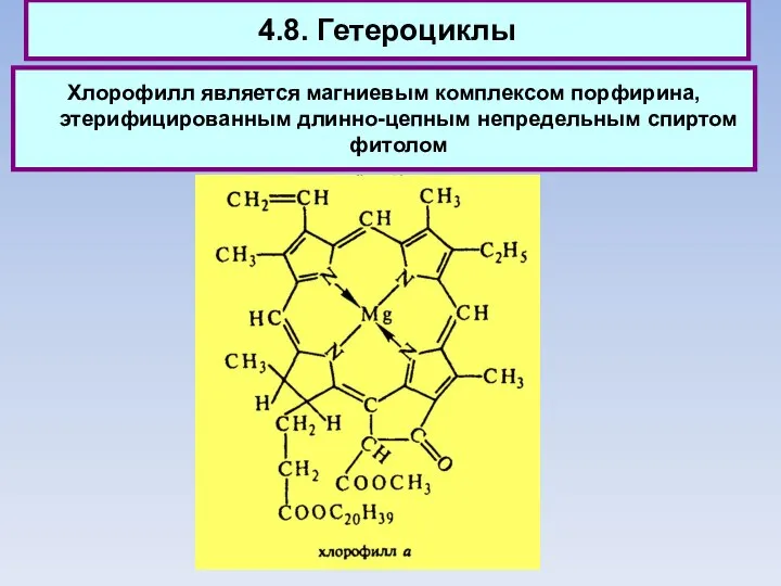 4.8. Гетероциклы Хлорофилл является магниевым комплексом порфирина, этерифицированным длинно-цепным непредельным спиртом фитолом