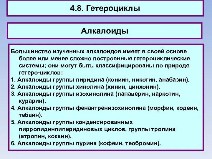 4.8. Гетероциклы Алкалоиды Большинство изученных алкалоидов имеет в своей основе более или