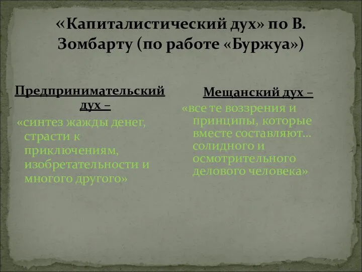 «Капиталистический дух» по В.Зомбарту (по работе «Буржуа») Предпринимательский дух – «синтез жажды