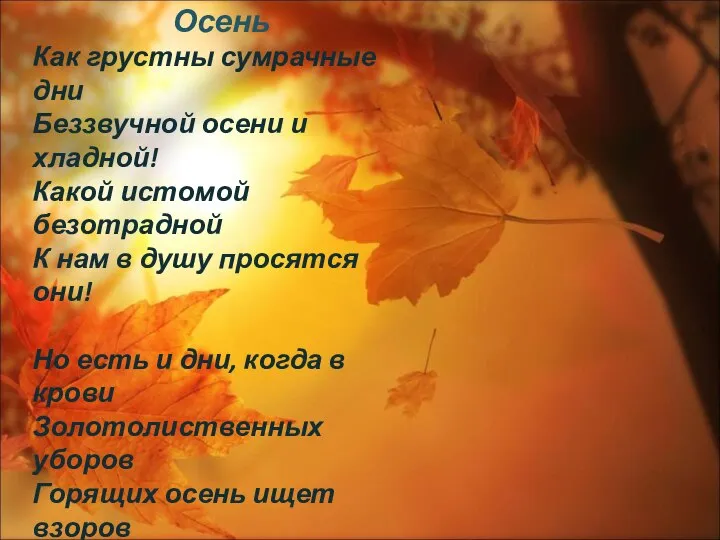 Осень Как грустны сумрачные дни Беззвучной осени и хладной! Какой истомой безотрадной