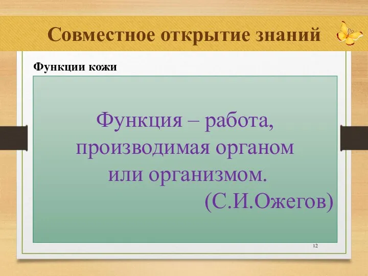 Совместное открытие знаний Функции кожи Функция – работа, производимая органом или организмом. (С.И.Ожегов)