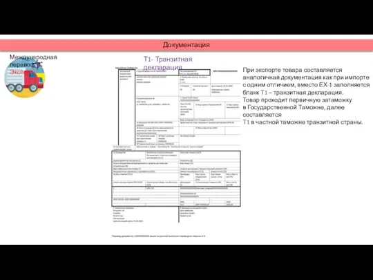 Документация Международная перевозка Экспорт Т1- Транзитная декларация При экспорте товара составляется аналогичная