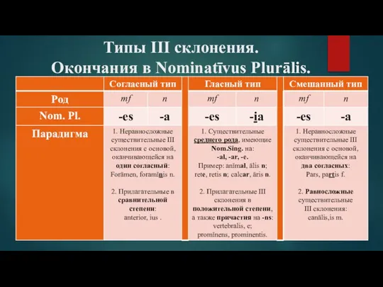 Типы III склонения. Окончания в Nominatīvus Plurālis.