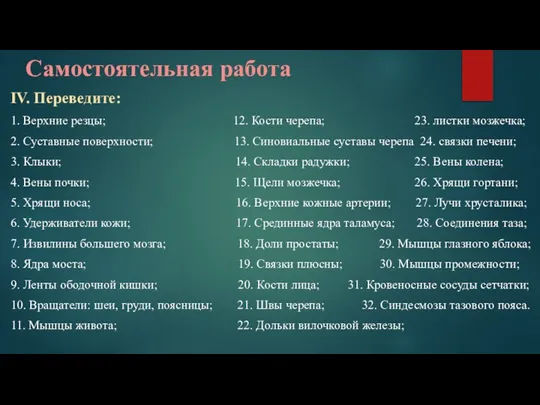 Самостоятельная работа IV. Переведите: 1. Верхние резцы; 12. Кости черепа; 23. листки