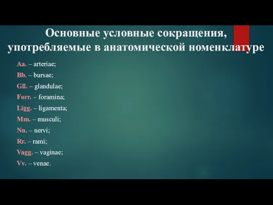 Основные условные сокращения, употребляемые в анатомической номенклатуре Aa. – arteriae; Bb. –