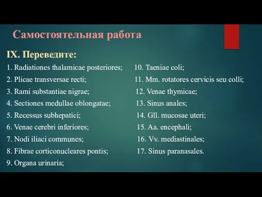 Самостоятельная работа IX. Переведите: 1. Radiationes thalamicae posteriores; 10. Taeniae coli; 2.