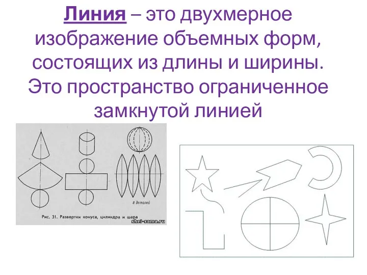 Линия – это двухмерное изображение объемных форм, состоящих из длины и ширины.