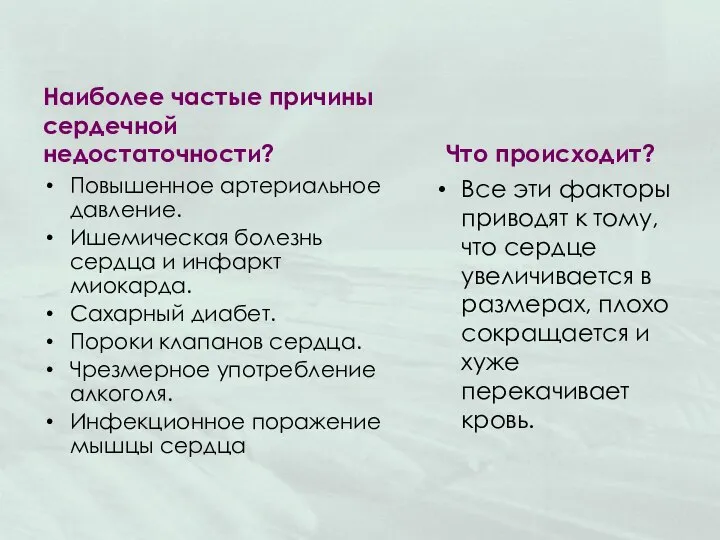 Наиболее частые причины сердечной недостаточности? Повышенное артериальное давление. Ишемическая болезнь сердца и