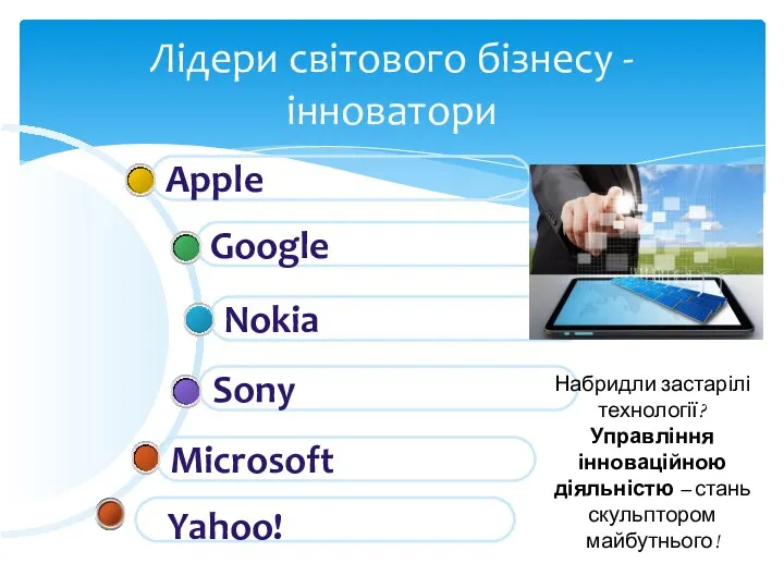 Лідери світового бізнесу - інноватори Microsoft Sony Nokia Google Apple Yahoo! Набридли