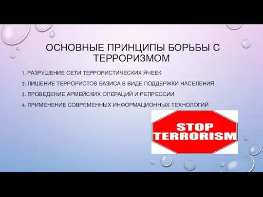 ОСНОВНЫЕ ПРИНЦИПЫ БОРЬБЫ С ТЕРРОРИЗМОМ 1. РАЗРУШЕНИЕ СЕТИ ТЕРРОРИСТИЧЕСКИХ ЯЧЕЕК 2. ЛИШЕНИЕ