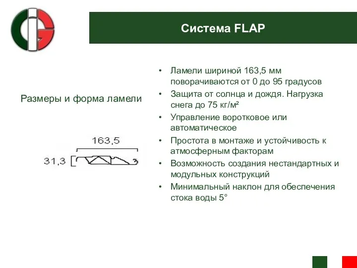 Система FLAP Ламели шириной 163,5 мм поворачиваются от 0 до 95 градусов