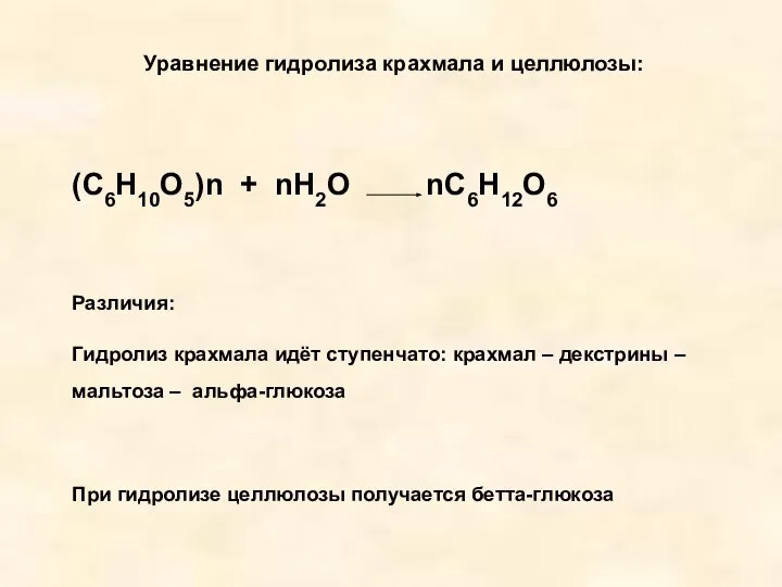 Уравнение гидролиза крахмала и целлюлозы: (С6Н10О5)n + nН2О nС6Н12О6 Различия: Гидролиз крахмала