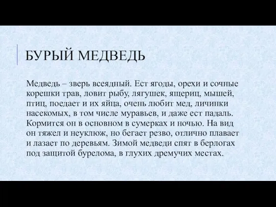 БУРЫЙ МЕДВЕДЬ Медведь – зверь всеядный. Ест ягоды, орехи и сочные корешки