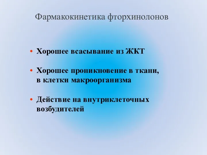 Фармакокинетика фторхинолонов Хорошее всасывание из ЖКТ Хорошее проникновение в ткани, в клетки