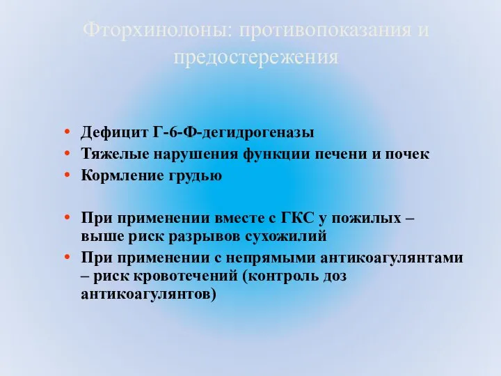 Фторхинолоны: противопоказания и предостережения Дефицит Г-6-Ф-дегидрогеназы Тяжелые нарушения функции печени и почек