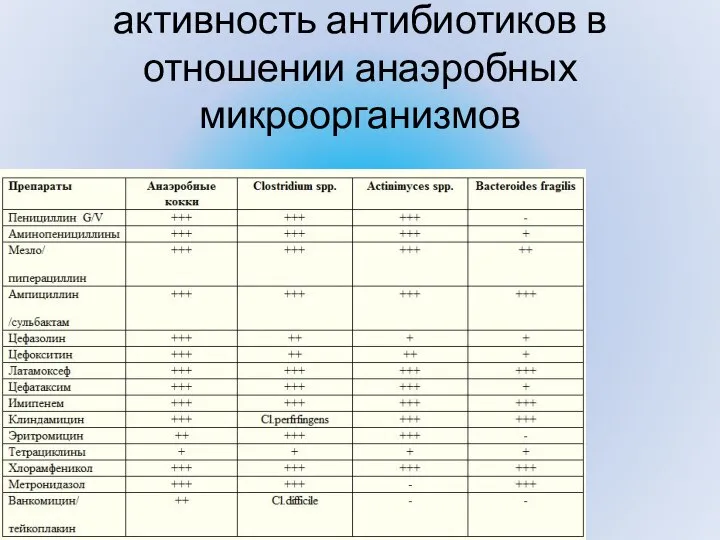 активность антибиотиков в отношении анаэробных микроорганизмов