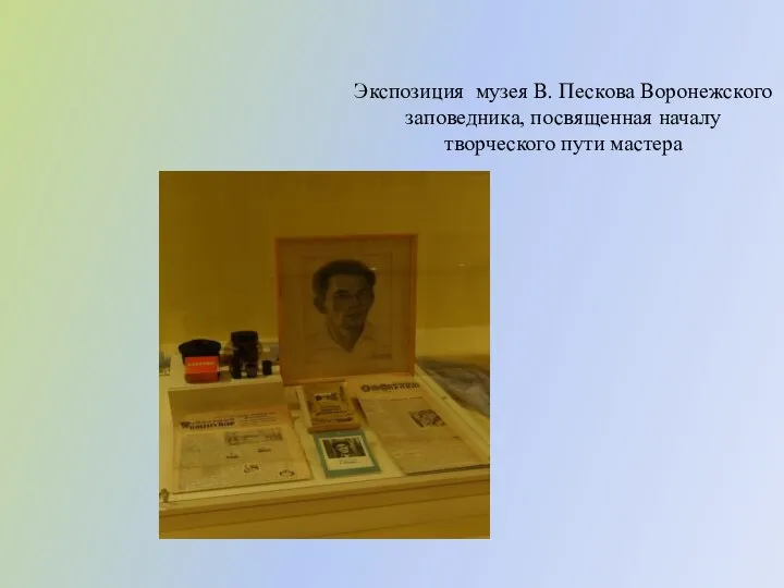 Экспозиция музея В. Пескова Воронежского заповедника, посвященная началу творческого пути мастера