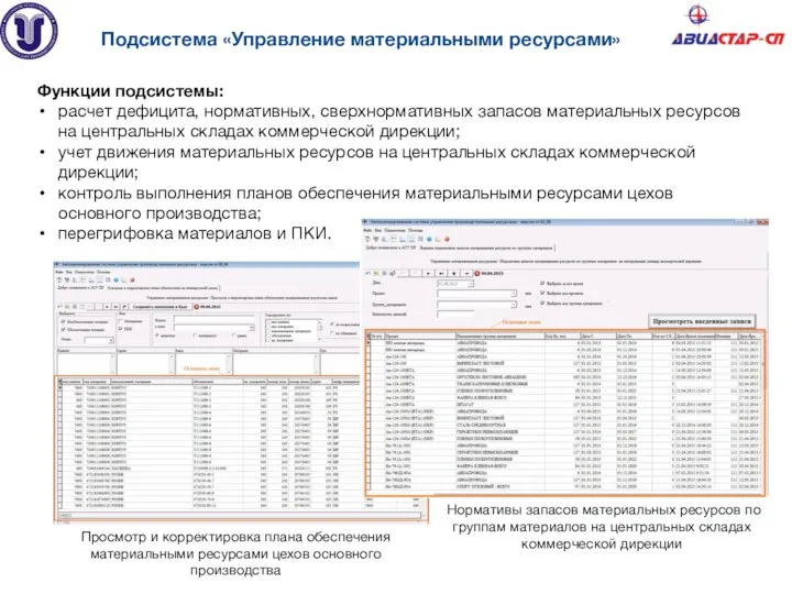 Подсистема «Управление материальными ресурсами» Функции подсистемы: расчет дефицита, нормативных, сверхнормативных запасов материальных