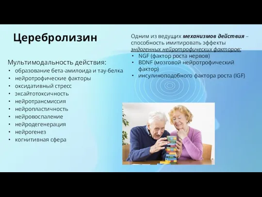 Церебролизин Мультимодальность действия: образование бета-амилоида и тау-белка нейротрофические факторы оксидативный стресс эксайтотоксичность