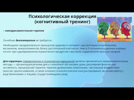 Психологическая коррекция (когнитивный тренинг) – немедикаментозная терапия Лечебная диетотерапия не требуется. Необходимо