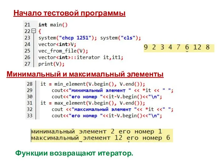 Начало тестовой программы Минимальный и максимальный элементы Функции возвращают итератор.