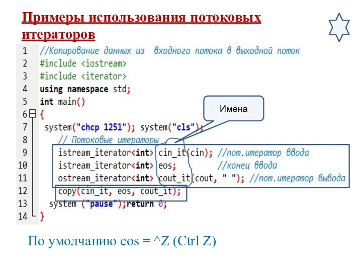 Примеры использования потоковых итераторов Имена По умолчанию eos = ^Z (Ctrl Z)