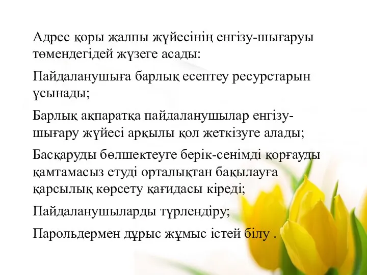 Адрес қоры жалпы жүйесінің енгізу-шығаруы төмендегідей жүзеге асады: Пайдаланушыға барлық есептеу ресурстарын