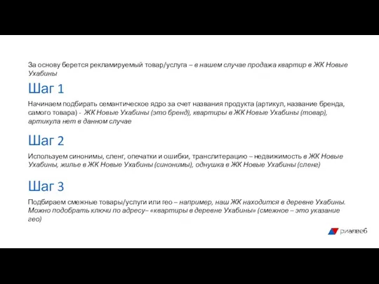 За основу берется рекламируемый товар/услуга – в нашем случае продажа квартир в