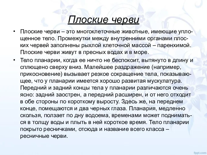 Плоские черви Плоские черви – это многоклеточные животные, имеющие упло-щенное тело. Промежутки