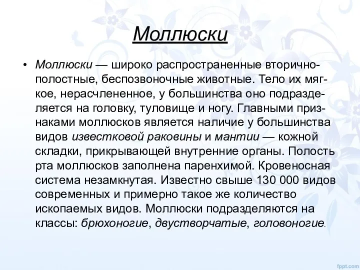 Моллюски Моллюски — широко распространенные вторично-полостные, беспозвоночные животные. Тело их мяг-кое, нерасчлененное,