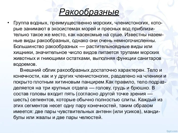 Ракообразные Группа водных, преимущественно морских, членистоногих, кото-рые занимают в экосистемах морей и