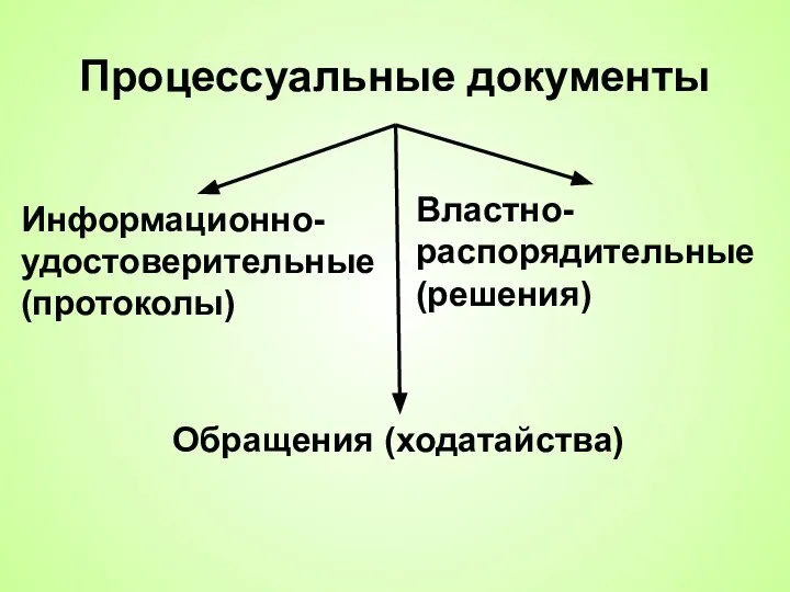 Процессуальные документы Информационно-удостоверительные (протоколы) Властно-распорядительные (решения) Обращения (ходатайства)