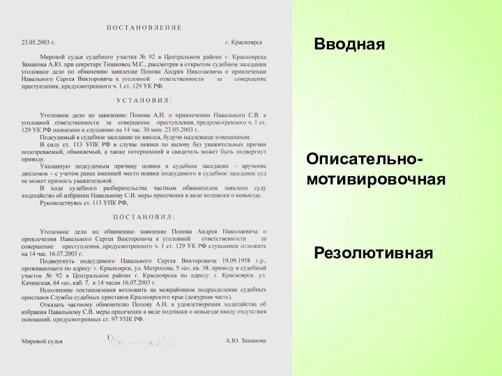 Вводная Описательно-мотивировочная Резолютивная