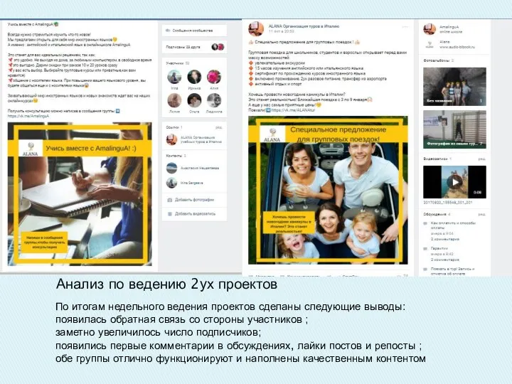 Анализ по ведению 2ух проектов По итогам недельного ведения проектов сделаны следующие