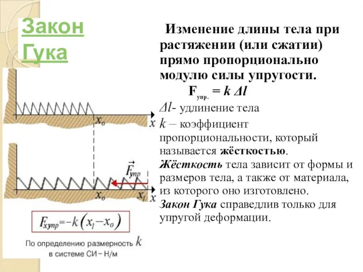 Закон Гука Изменение длины тела при растяжении (или сжатии) прямо пропорционально модулю