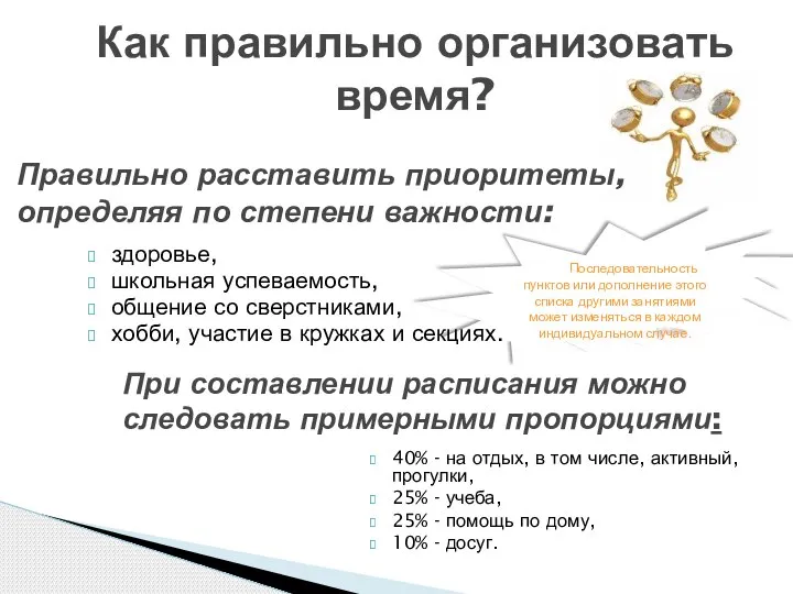 Последовательность пунктов или дополнение этого списка другими занятиями может изменяться в каждом