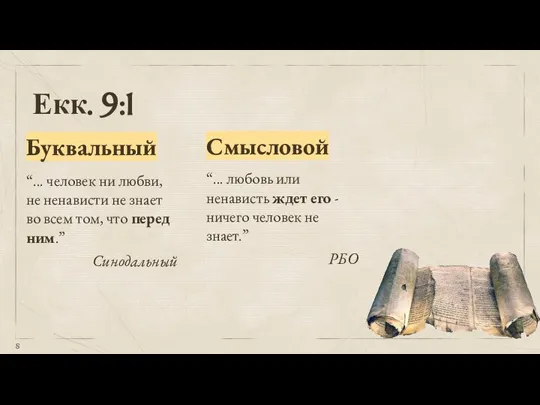 Екк. 9:1 Буквальный Смысловой “... человек ни любви, не ненависти не знает