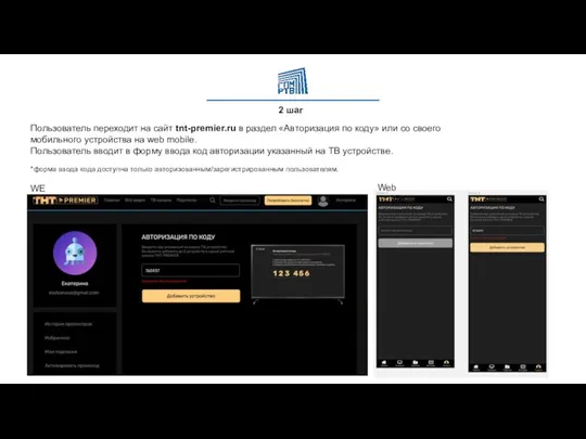 2 шаг Пользователь переходит на сайт tnt-premier.ru в раздел «Авторизация по коду»