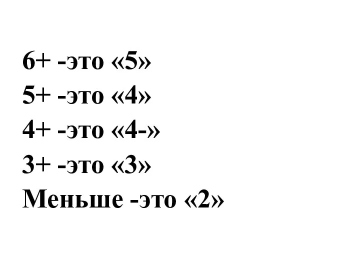 6+ -это «5» 5+ -это «4» 4+ -это «4-» 3+ -это «3» Меньше -это «2»