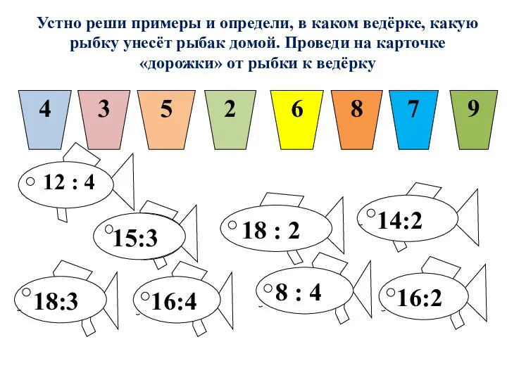 Устно реши примеры и определи, в каком ведёрке, какую рыбку унесёт рыбак