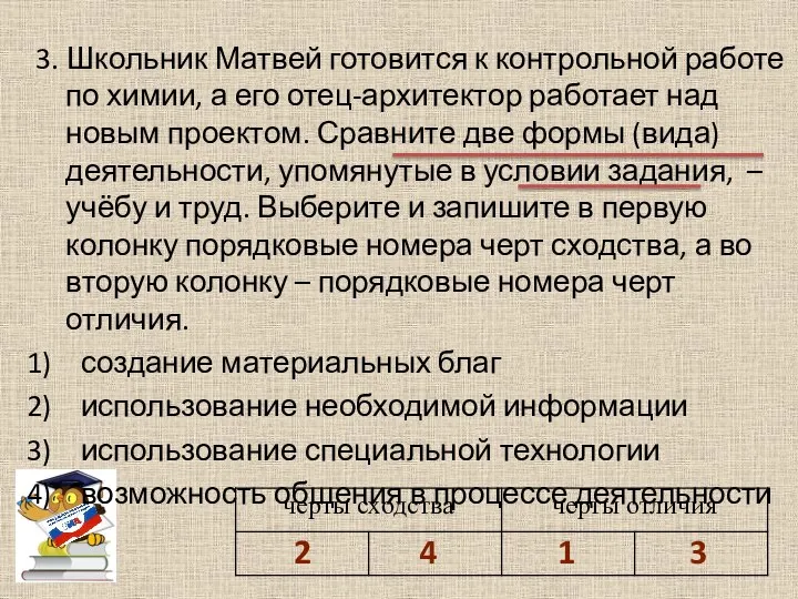 3. Школьник Матвей готовится к контрольной работе по химии, а его отец-архитектор